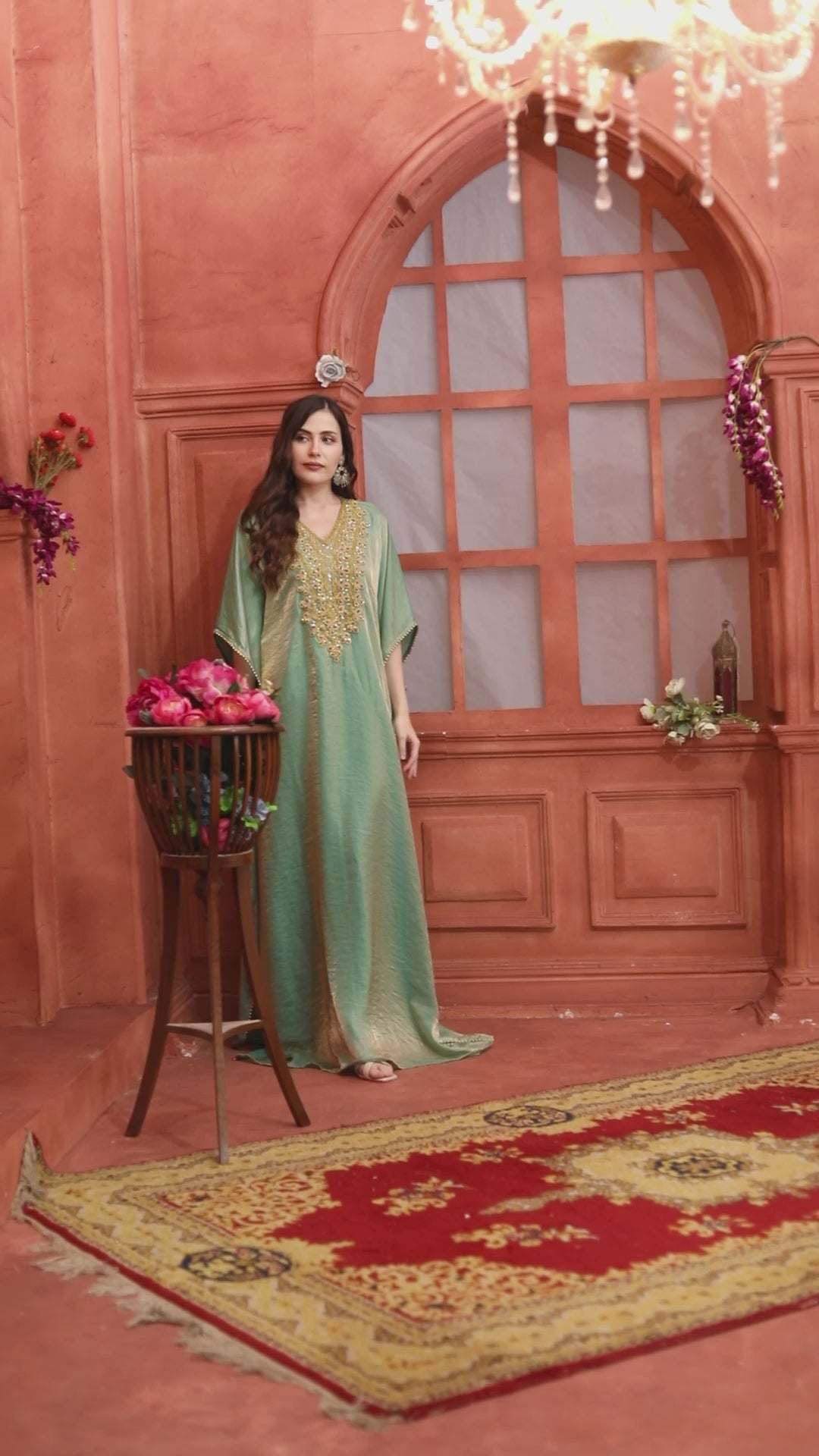 Green Crushed Kaftan with Gold Shine and Beaded Neck Detailing