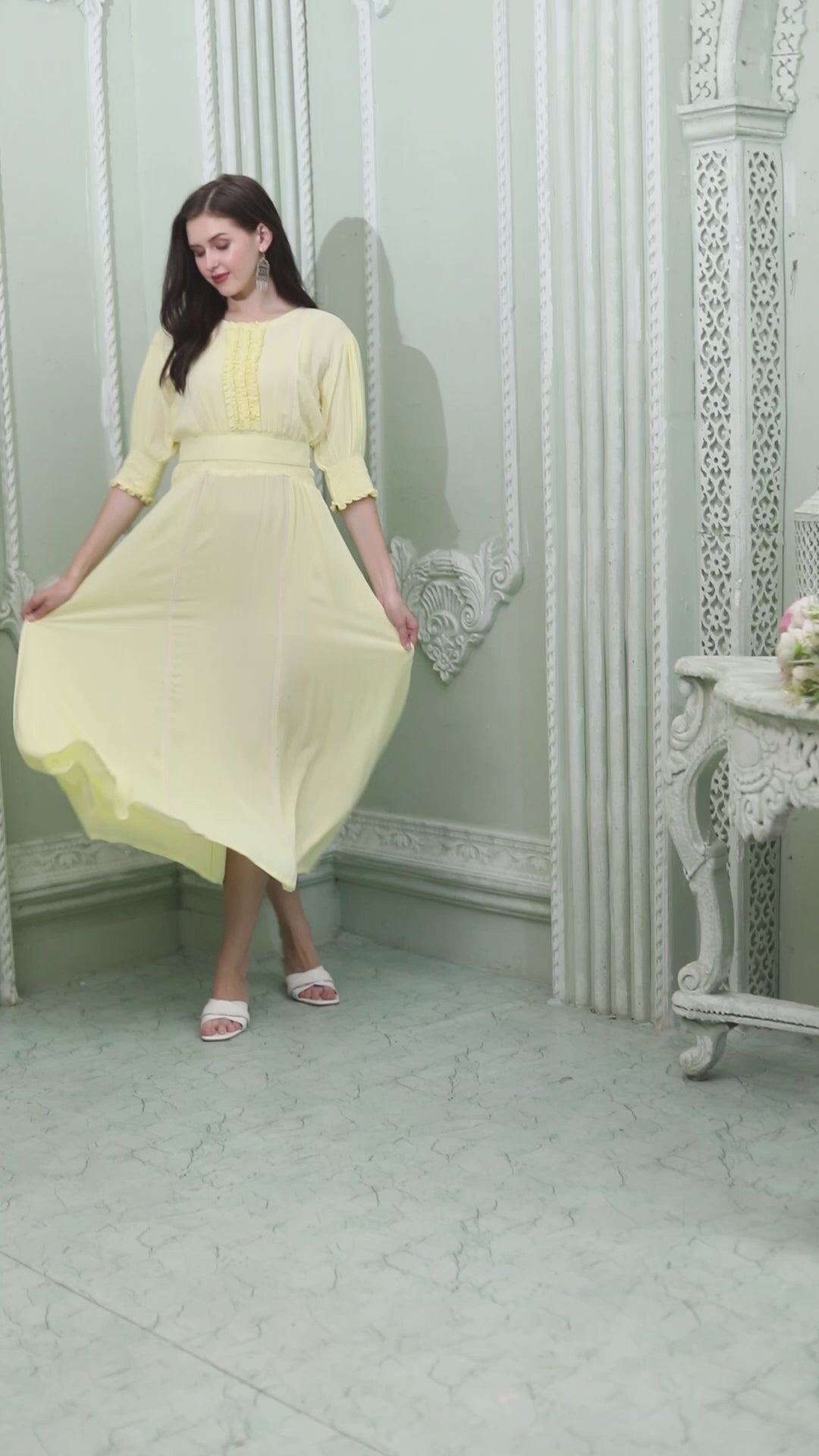 Smocked Style A-Line Partywear Yellow Dress