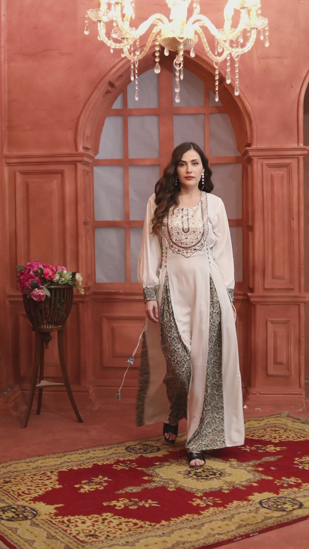 Off White Metallic Embroidered Lace-Up Kaftan