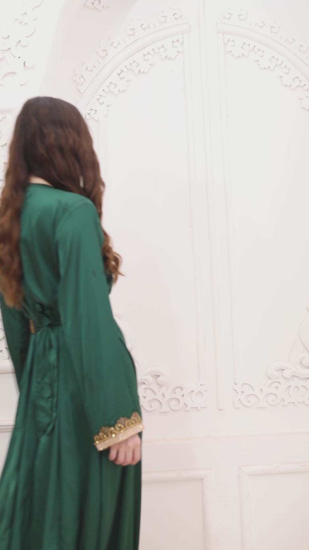 Bottle Green V-Neck Moroccan Golden Lace Kaftan