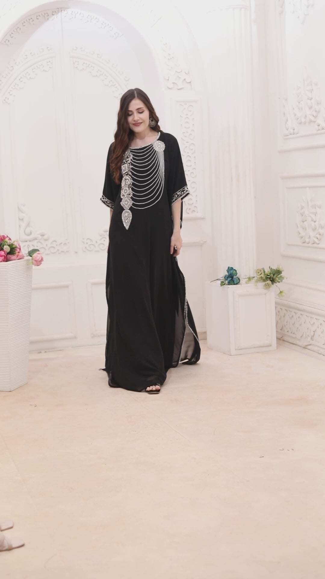 Black Jalabiya with Pearl Handwork and Layered Crystal Stone