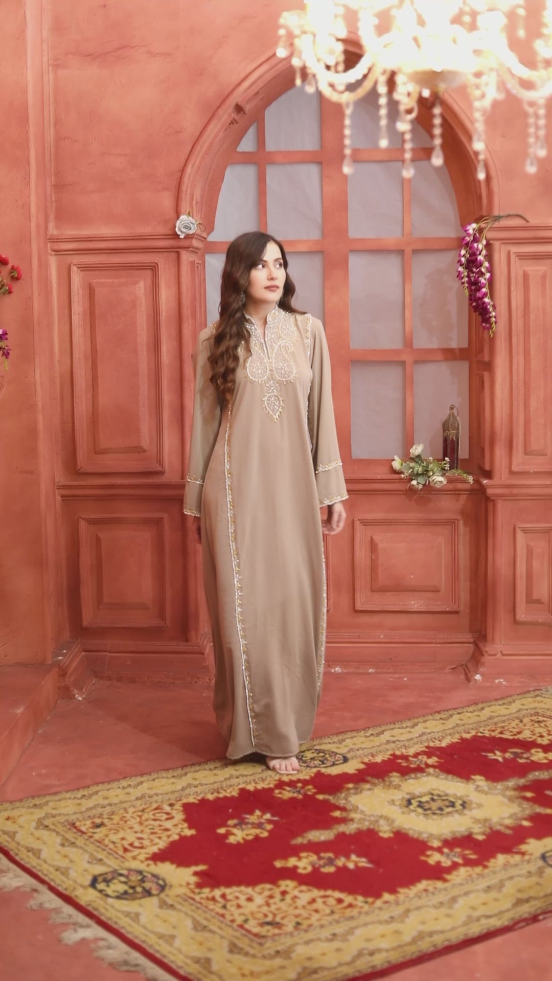 Stone Color Caftan With Silver Handwork