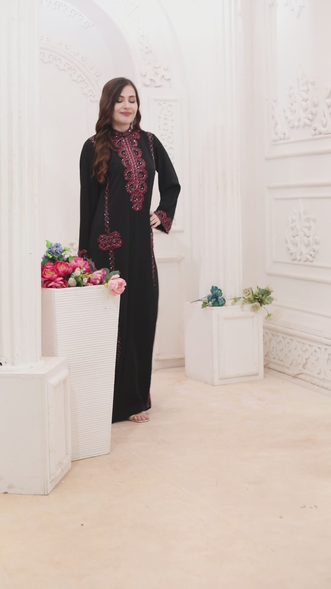 Black and Red Embroidered Floor-Length Fancy Jalabiya