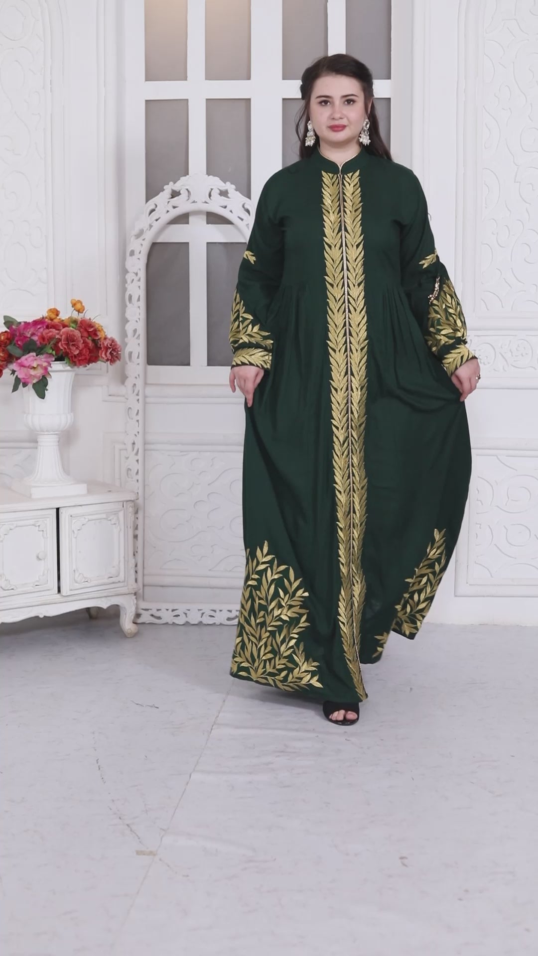 Jalabiya With Intricate Golden Leaf Embroidery And Tassels