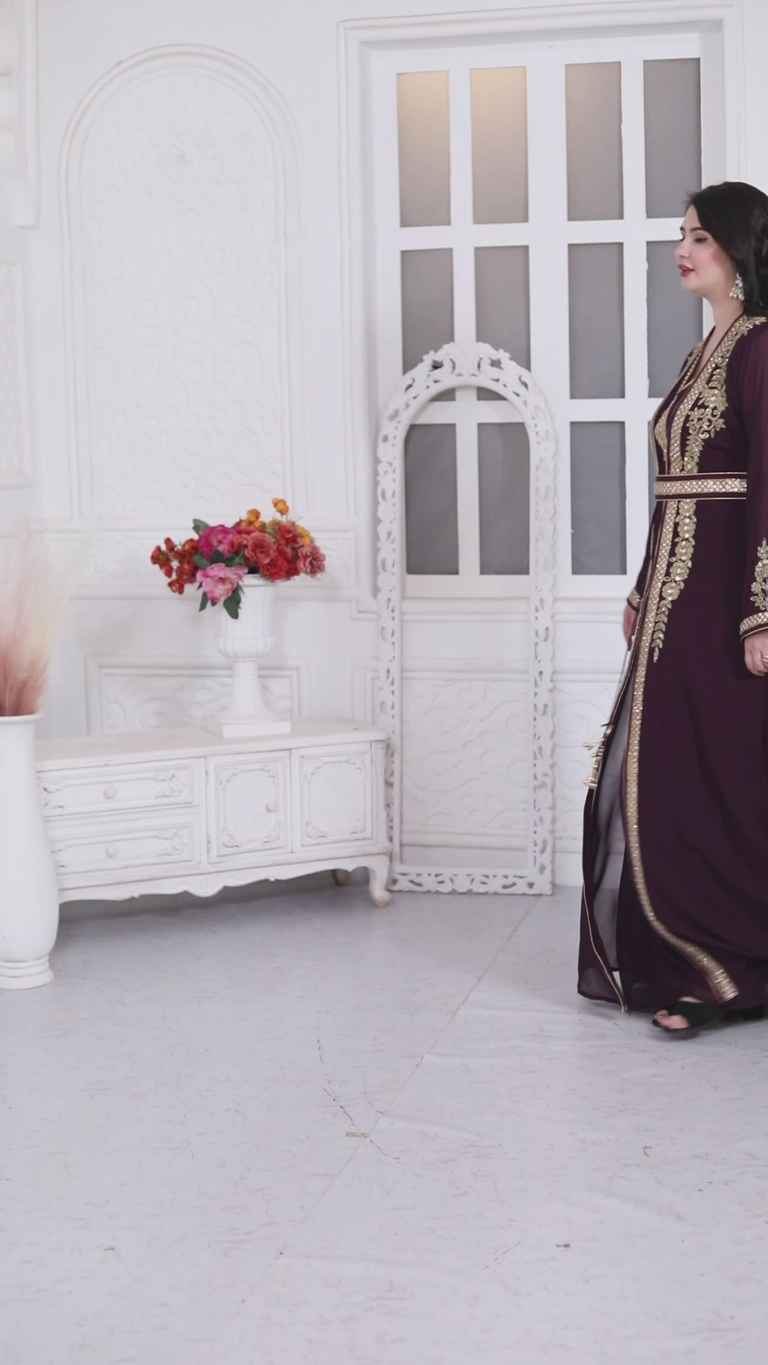 Floral Pattern Golden Hand Embellished Kaftan Dress