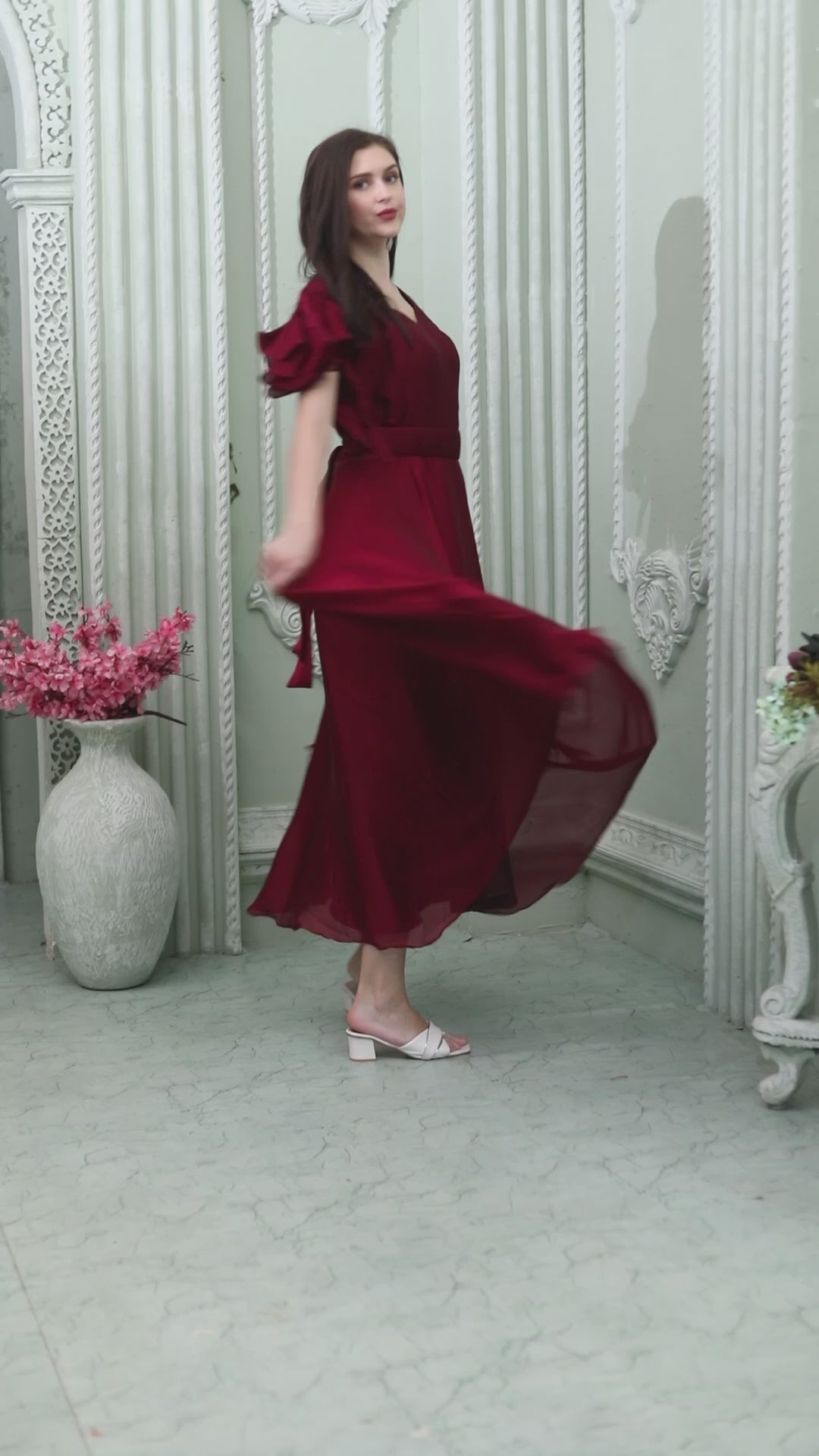 Cherry Red Partywear Heart Neck Dress