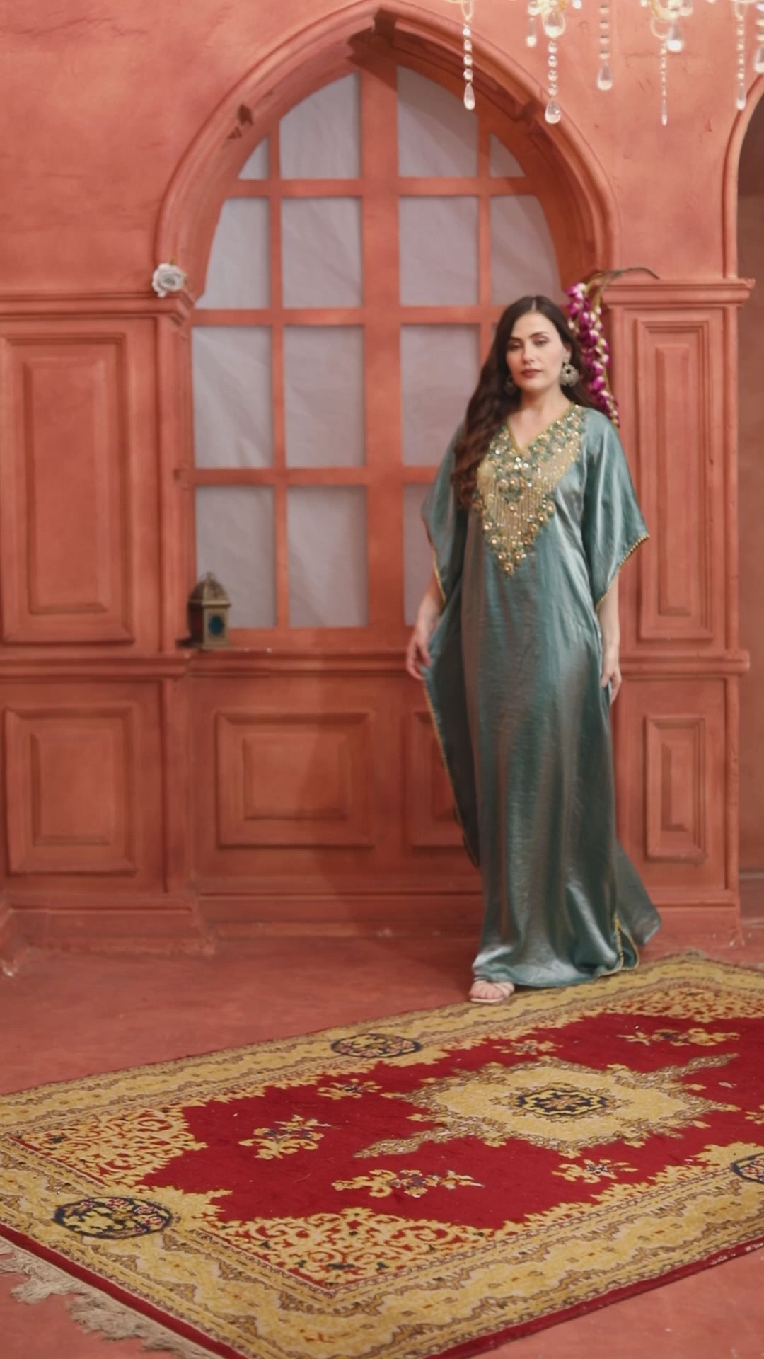 Sea Blue Crushed Kaftan with Hand-Embroidered V Neck and Beaded Tassels