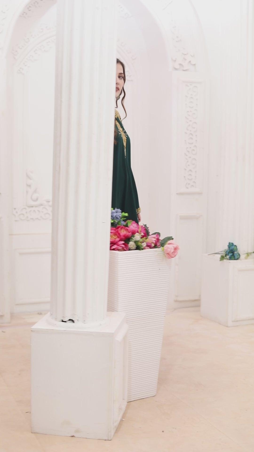 Hand Embroidered High-Neck Kaftan Gown in Bottle Green