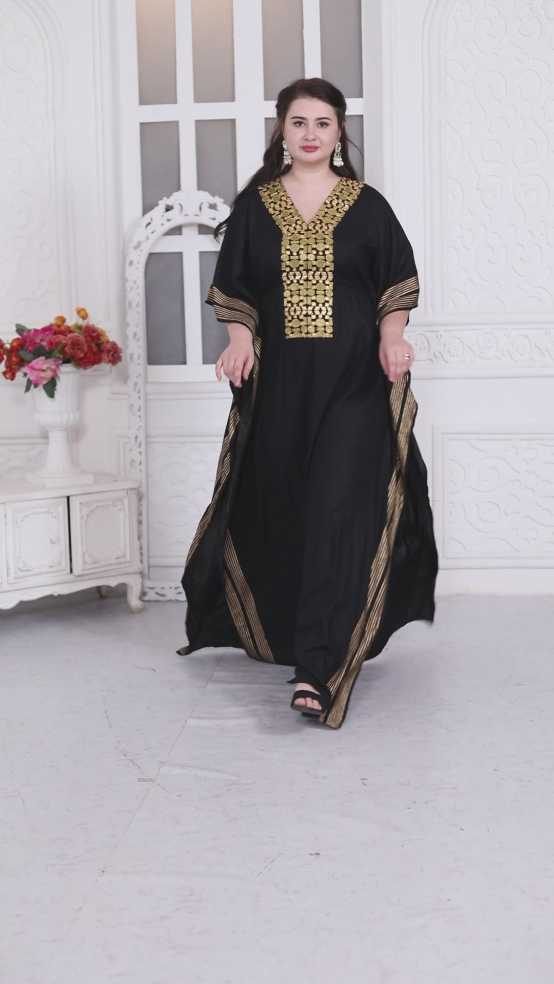 Gold Foil Boho Kaftan Dress With Block Print