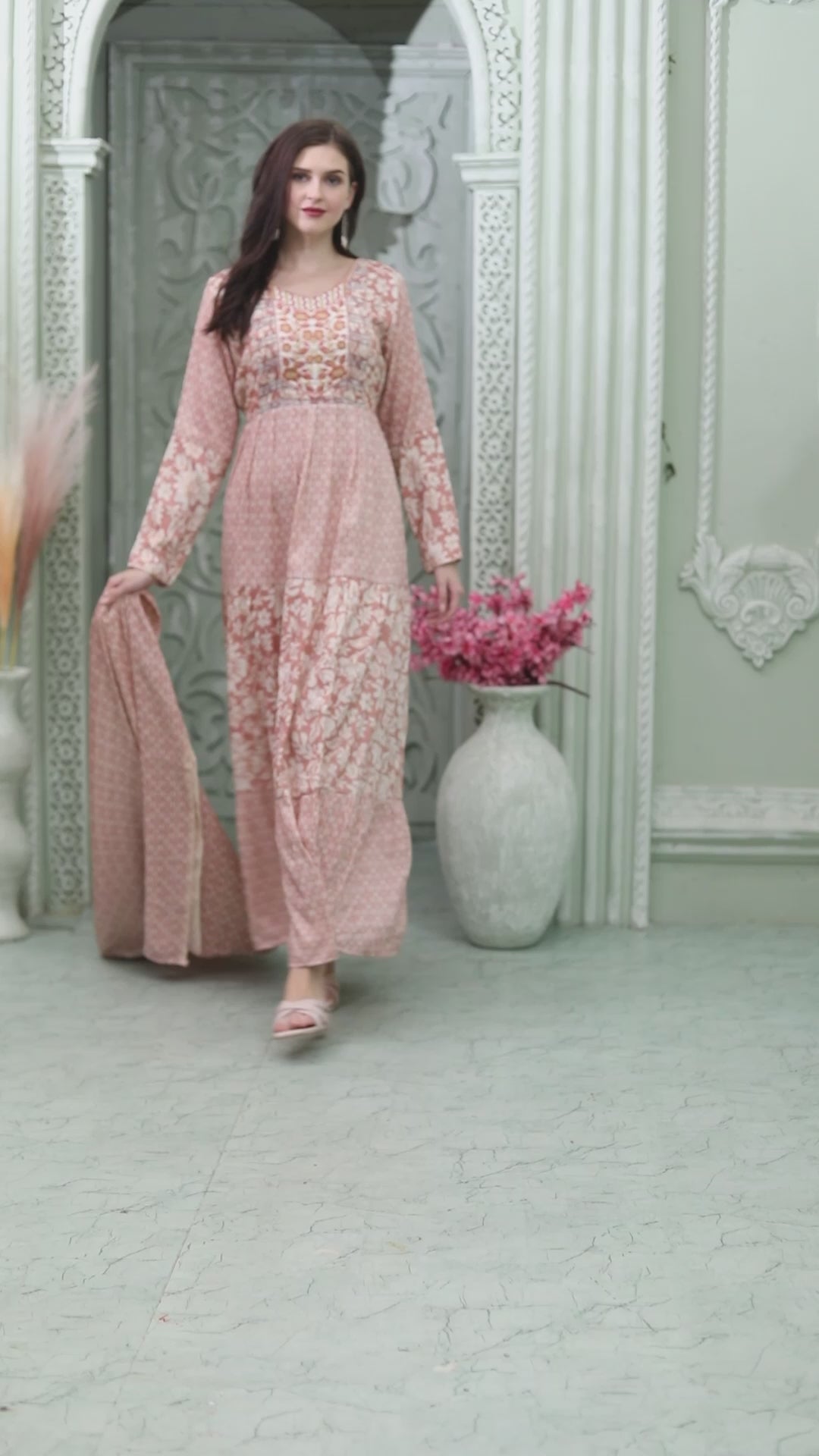 Designer-wear Flaired Farasha Dress With Block Pattern And Embroidery