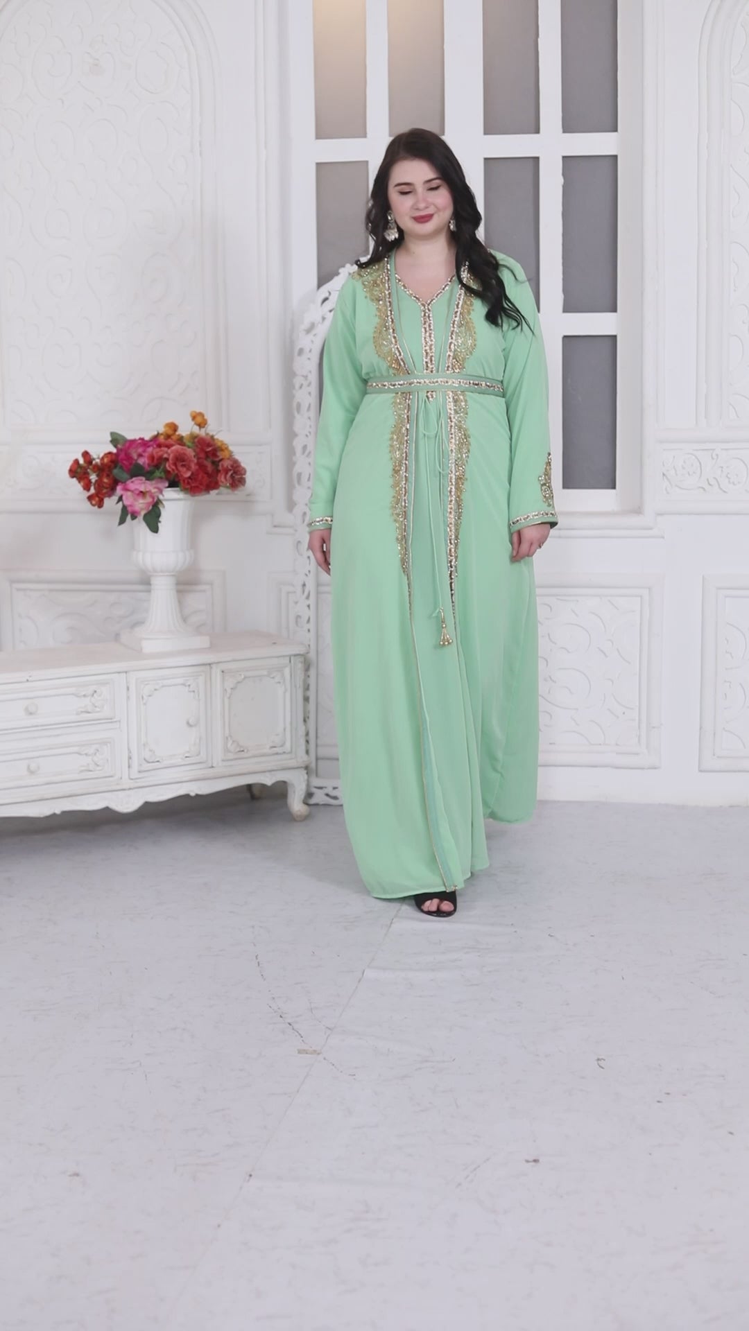 Arabic Style Kaftan With Crystal Hand Embroidery