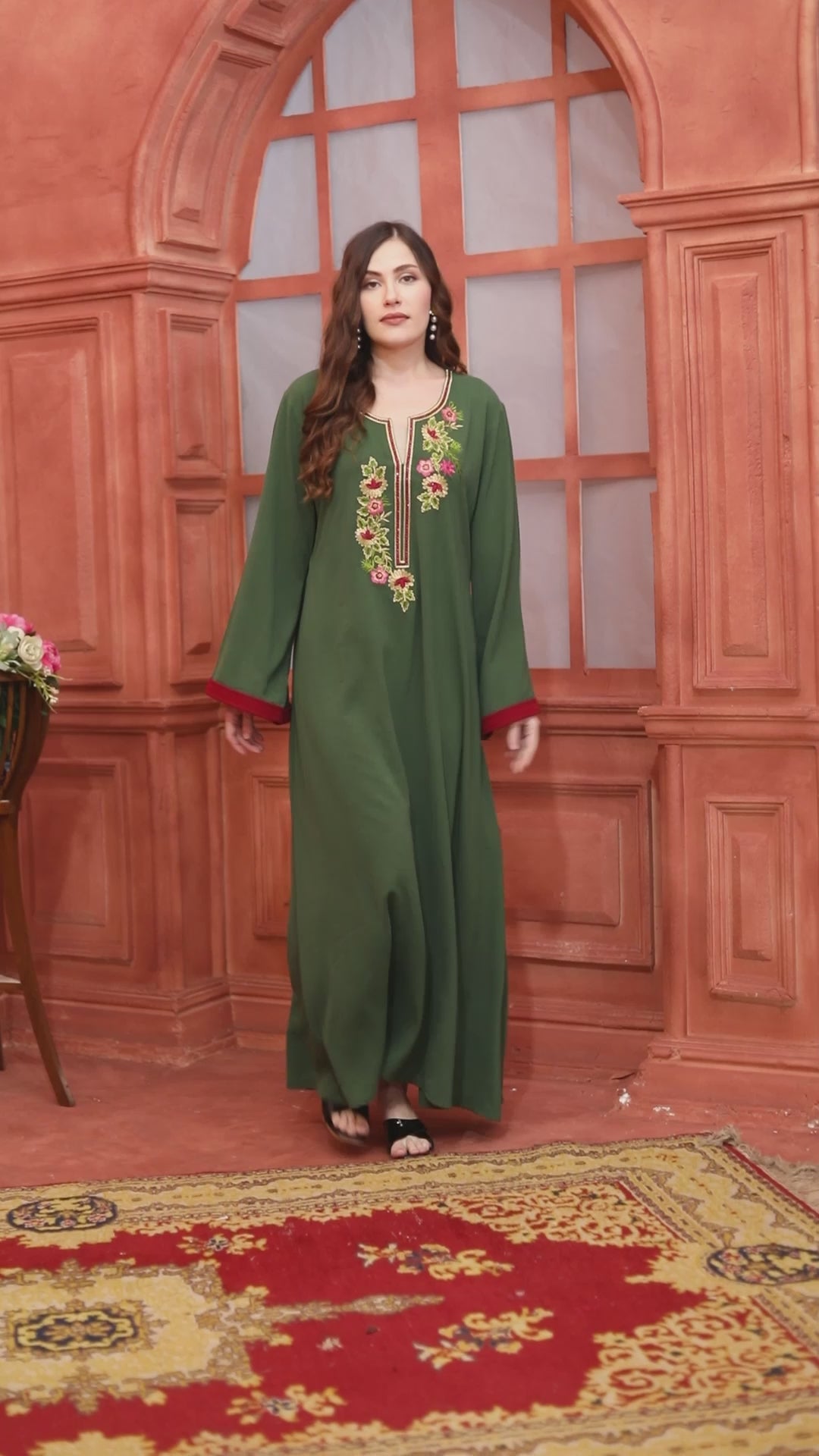 Olive Green Jalabiya with Floral Thread Embroidery