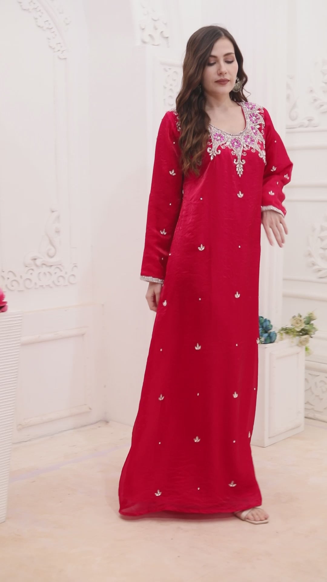 Red Designer Kaftan with Shining Bling Hand Embroidery