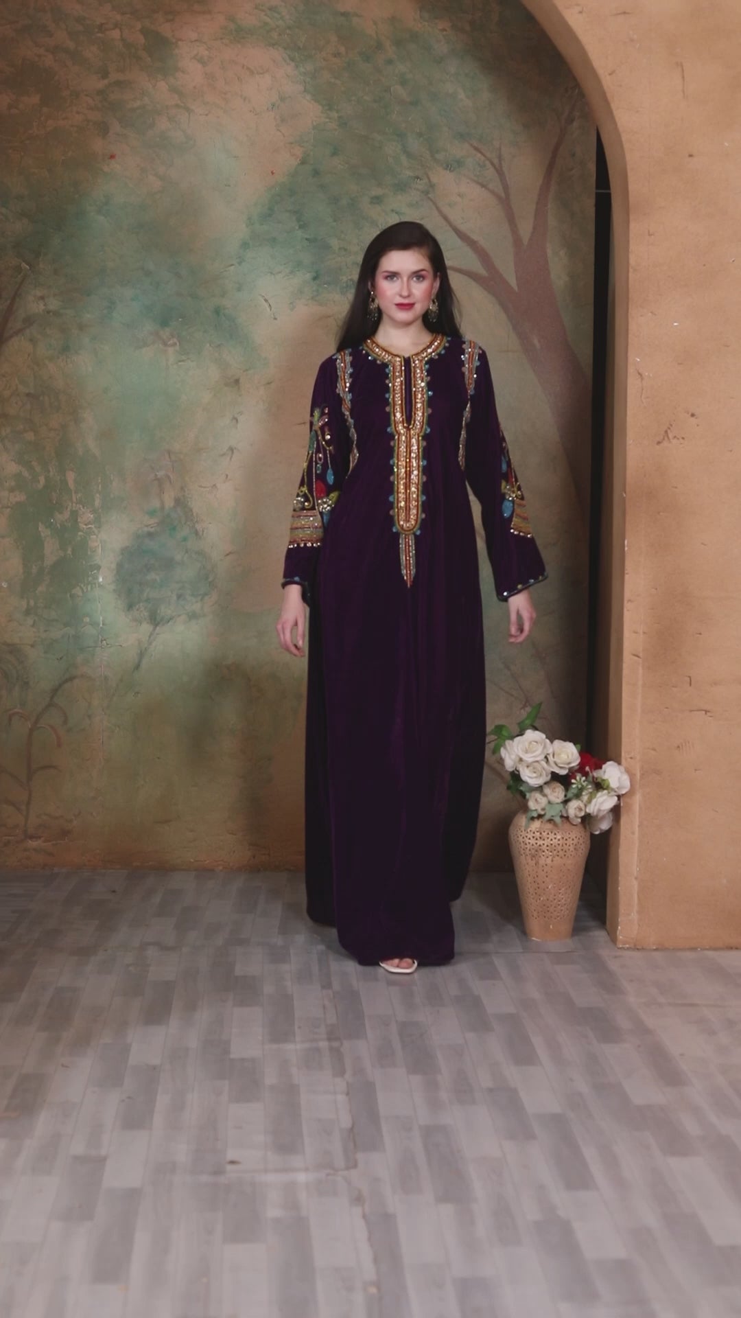 Designer Velvet Kaftan with Multicolor Embroidered Sleeves by Maxim Creation