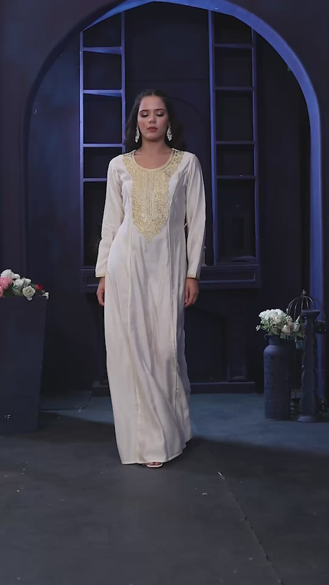 Designer Jalabiya in Ivory with Gold Embroidered Front Panel