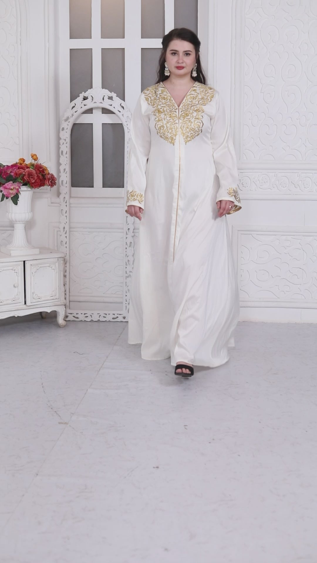Royal Kaftan Dress In White With Gold Threadwork Embroidery