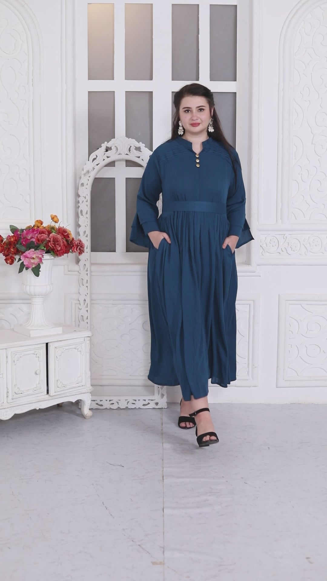 Pleated Partywear Dress With Golden Buttons