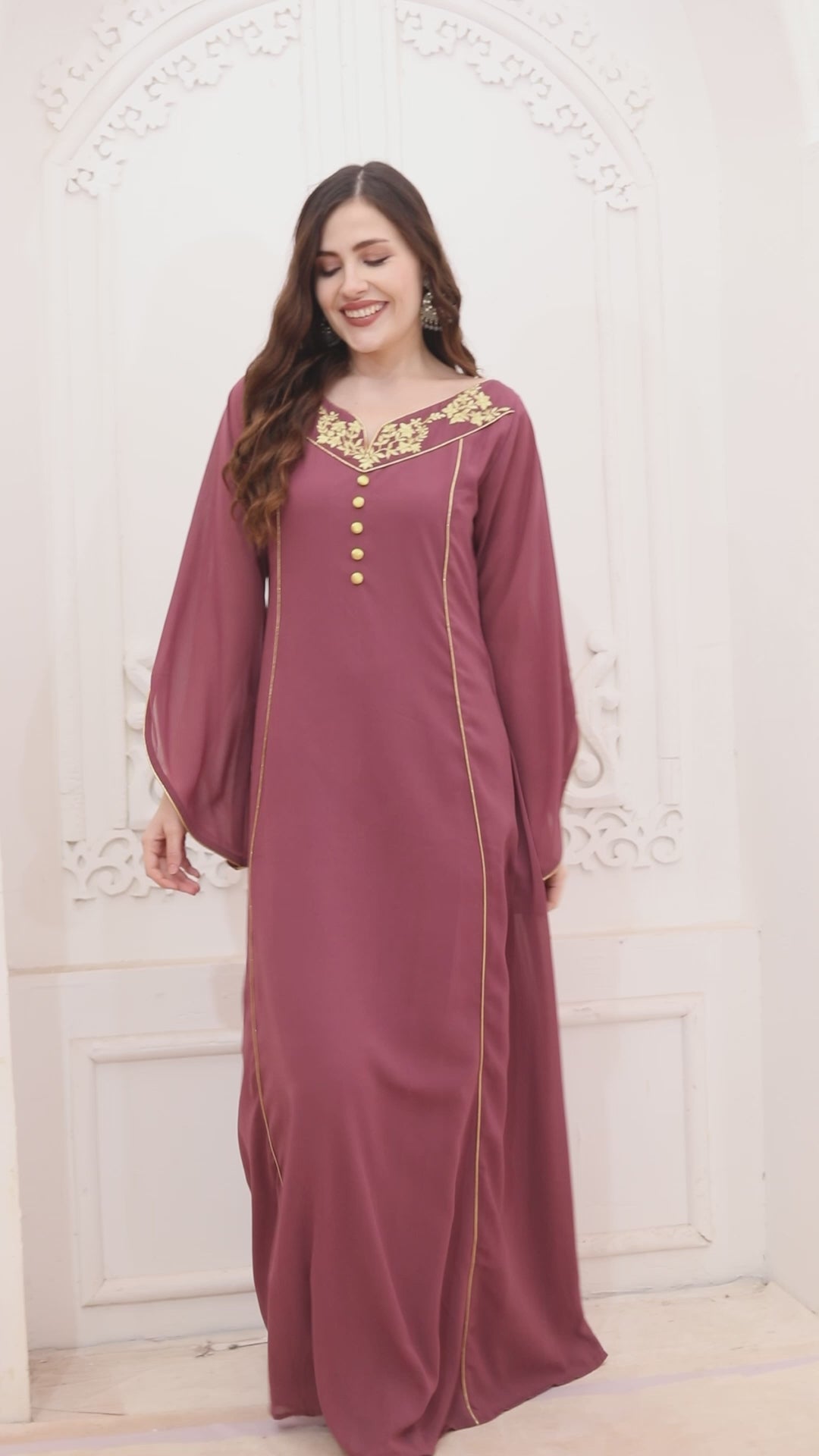 Mauve V-Neck Floral Flared Jalabiya Dress